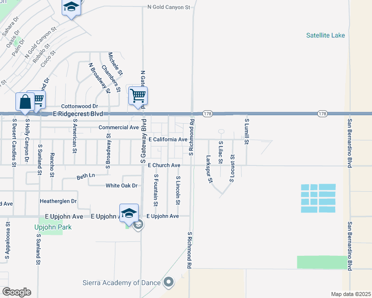 map of restaurants, bars, coffee shops, grocery stores, and more near 137 South Richmond Road in Ridgecrest