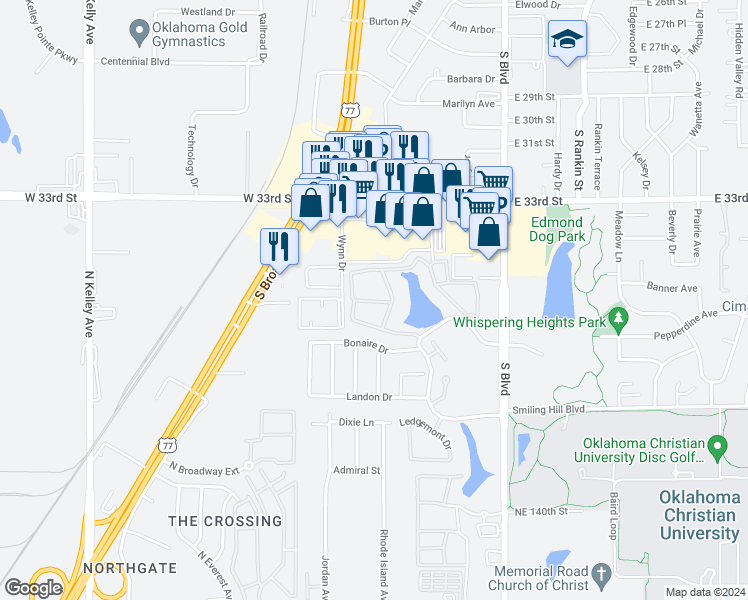 map of restaurants, bars, coffee shops, grocery stores, and more near 13301 Scott Street in Edmond
