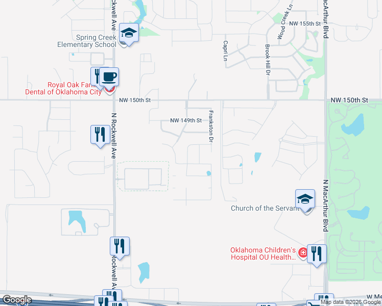 map of restaurants, bars, coffee shops, grocery stores, and more near 15050 North Rockwell Avenue in Oklahoma City