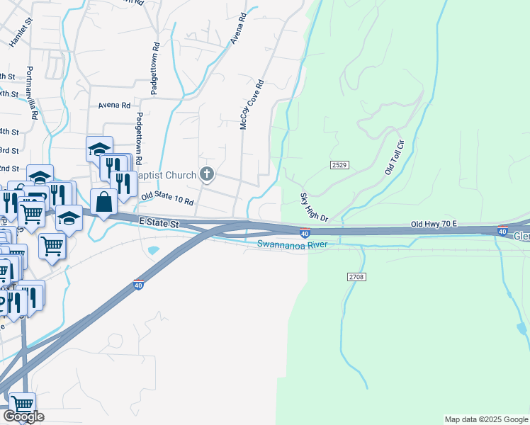 map of restaurants, bars, coffee shops, grocery stores, and more near 102 High Street in Black Mountain
