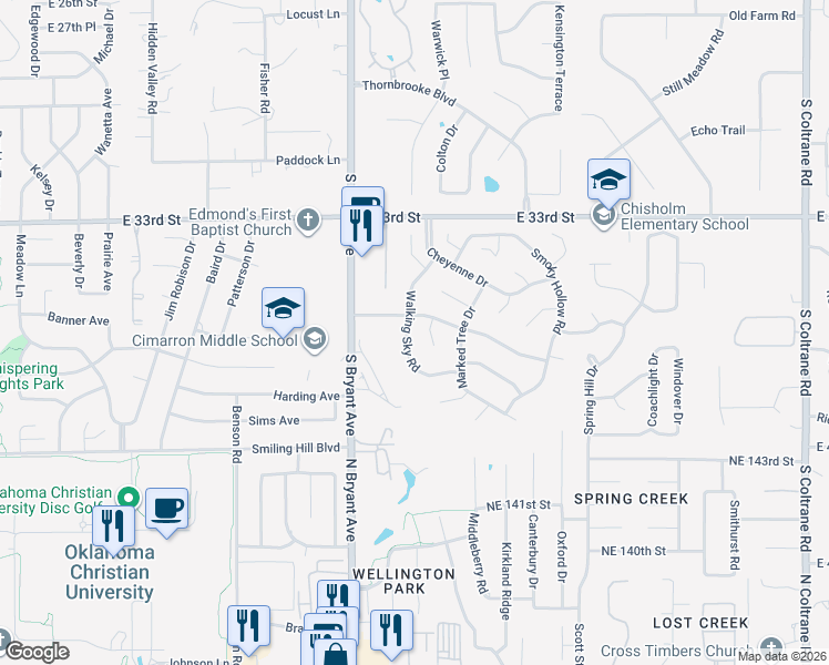 map of restaurants, bars, coffee shops, grocery stores, and more near 3600 Walking Sky Road in Edmond