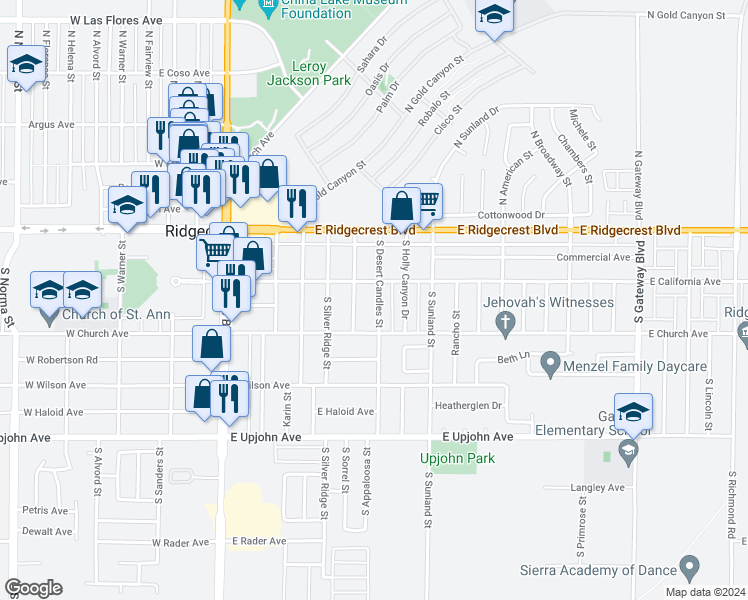 map of restaurants, bars, coffee shops, grocery stores, and more near 213 South Desert Candles Street in Ridgecrest