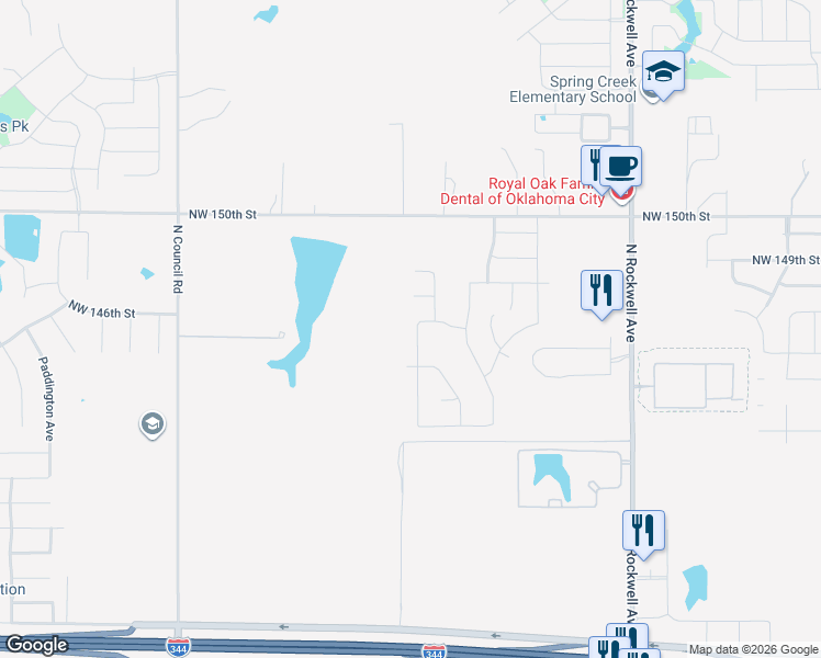 map of restaurants, bars, coffee shops, grocery stores, and more near 7344 Northwest 148th Street in Oklahoma City