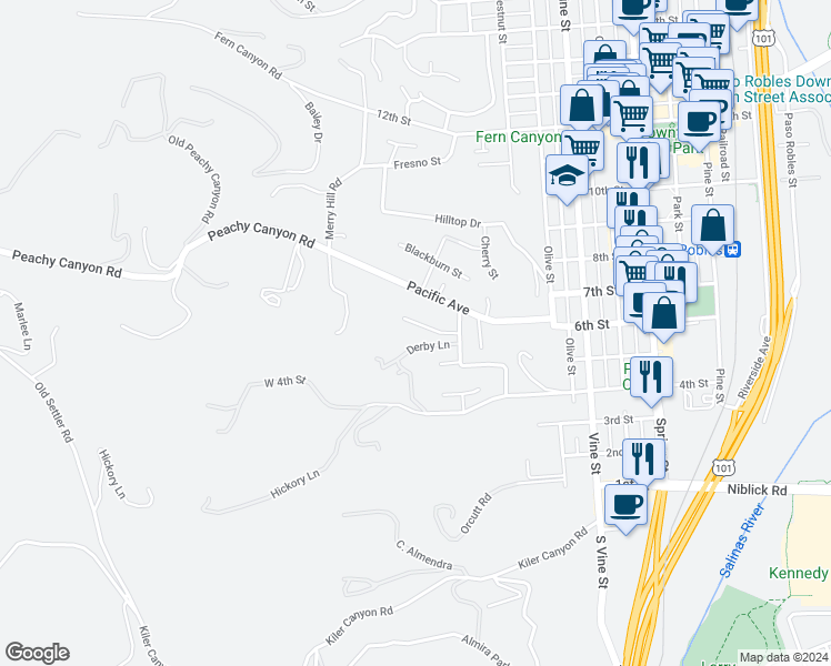 map of restaurants, bars, coffee shops, grocery stores, and more near 308 Maplewood Court in Paso Robles