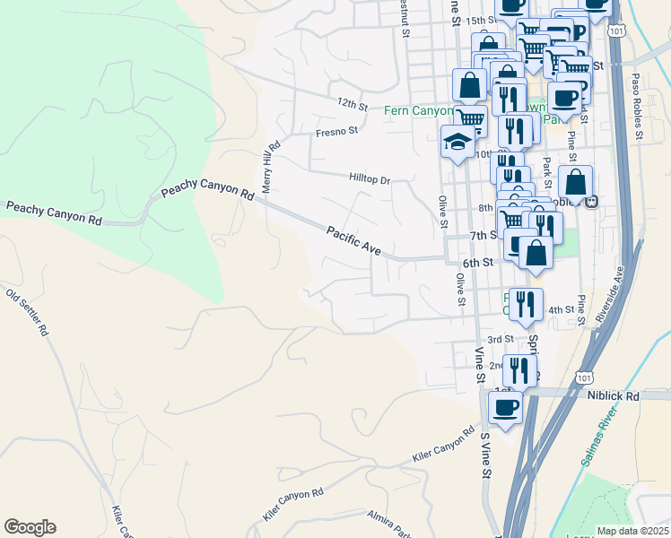 map of restaurants, bars, coffee shops, grocery stores, and more near 308 Maplewood Court in Paso Robles