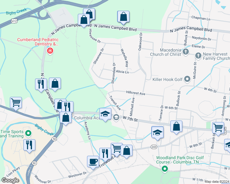 map of restaurants, bars, coffee shops, grocery stores, and more near 1019 Hillcrest Avenue in Columbia