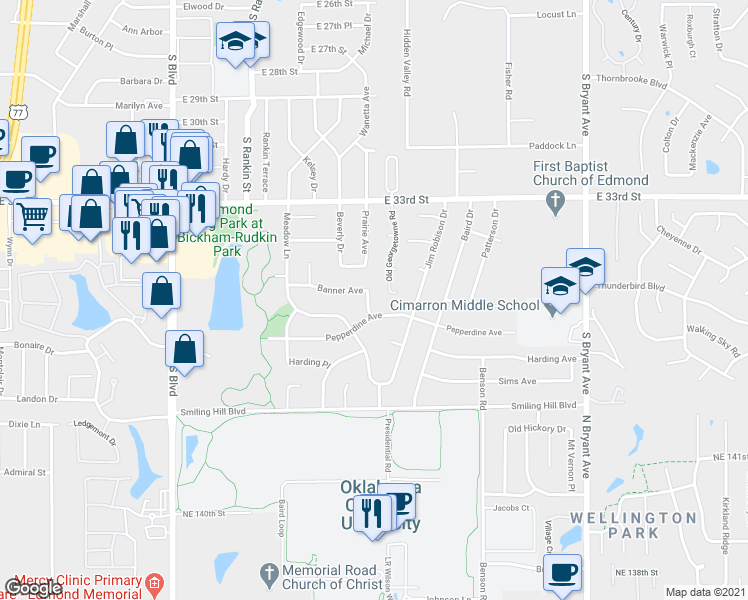 map of restaurants, bars, coffee shops, grocery stores, and more near 3608 Banner Avenue in Edmond