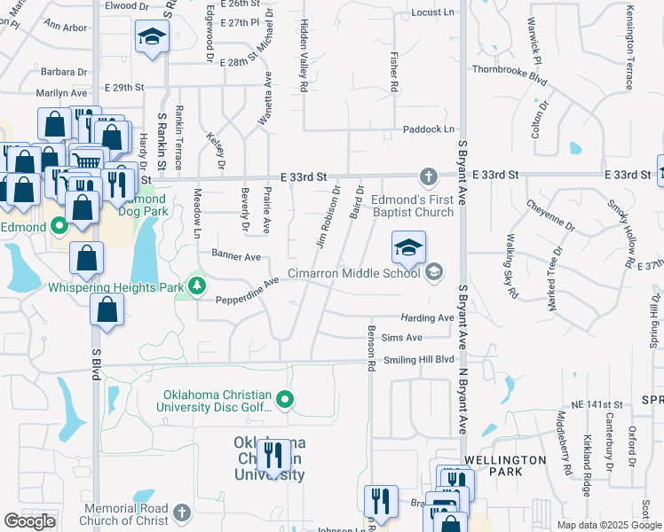 map of restaurants, bars, coffee shops, grocery stores, and more near 3516 Jim Robison Drive in Edmond