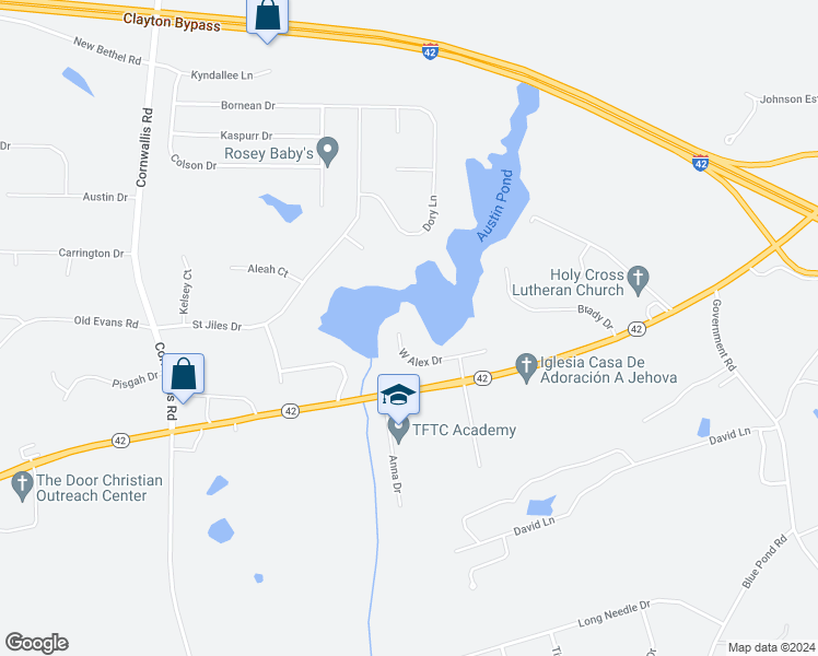map of restaurants, bars, coffee shops, grocery stores, and more near 188 West Alex Drive in Clayton