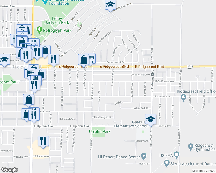 map of restaurants, bars, coffee shops, grocery stores, and more near 212 South Greenlawn Street in Ridgecrest