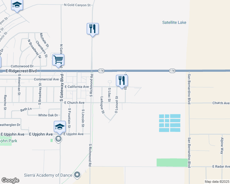map of restaurants, bars, coffee shops, grocery stores, and more near 213 South Locust Street in Ridgecrest