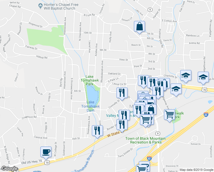 map of restaurants, bars, coffee shops, grocery stores, and more near 222 Laurel Circle Drive in Black Mountain