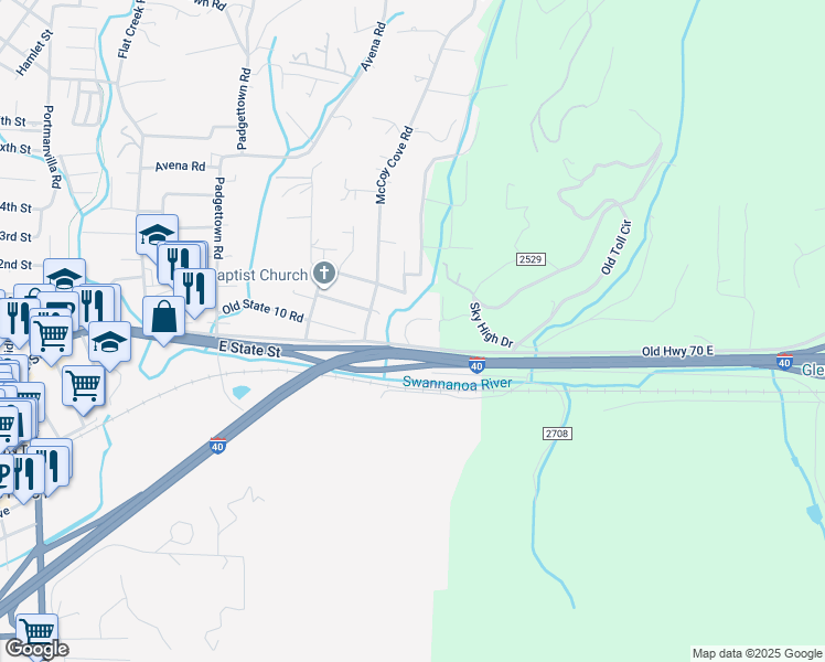 map of restaurants, bars, coffee shops, grocery stores, and more near 102 High Street in Black Mountain