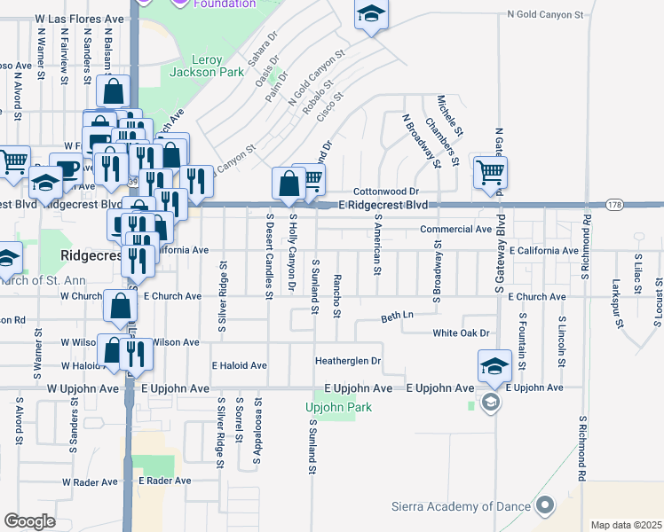 map of restaurants, bars, coffee shops, grocery stores, and more near 213 Rancho Street in Ridgecrest