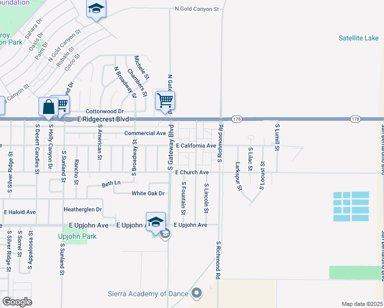 map of restaurants, bars, coffee shops, grocery stores, and more near 927 East California Avenue in Ridgecrest