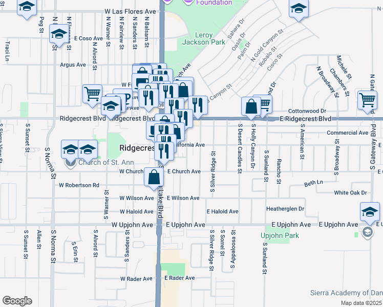 map of restaurants, bars, coffee shops, grocery stores, and more near 200 South Gemstone Street in Ridgecrest