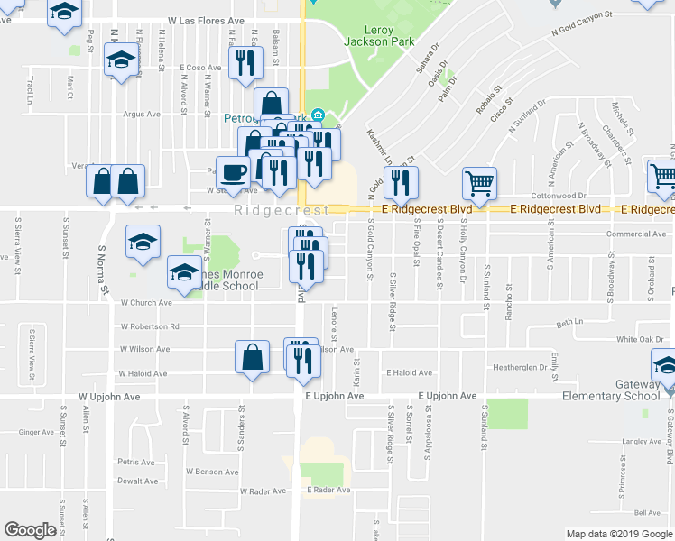 map of restaurants, bars, coffee shops, grocery stores, and more near 200 South Gemstone Street in Ridgecrest
