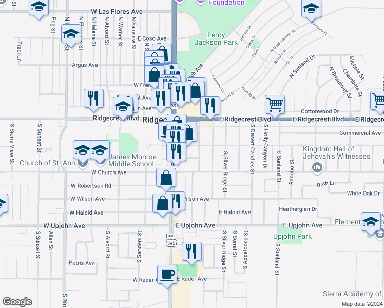 map of restaurants, bars, coffee shops, grocery stores, and more near 111 East California Avenue in Ridgecrest