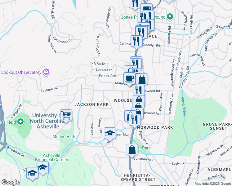 map of restaurants, bars, coffee shops, grocery stores, and more near 179 Edgewood Road in Asheville