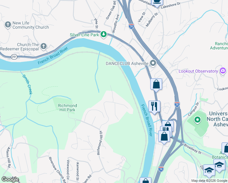 map of restaurants, bars, coffee shops, grocery stores, and more near 18 Robin Lane in Asheville