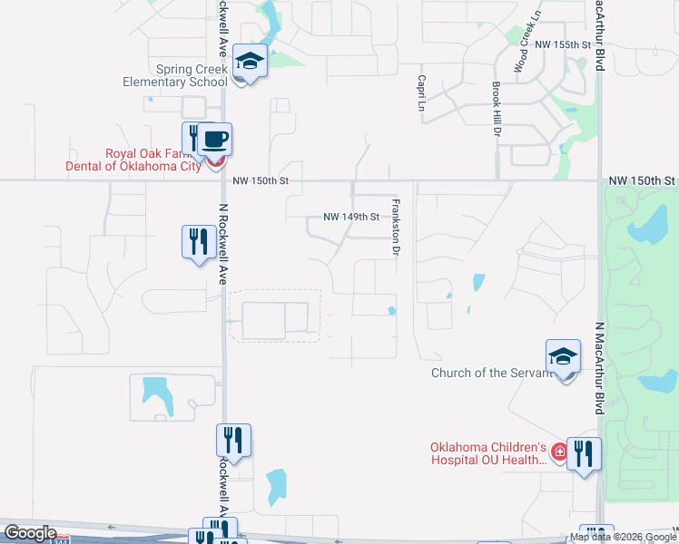 map of restaurants, bars, coffee shops, grocery stores, and more near 15050 North Rockwell Avenue in Oklahoma City