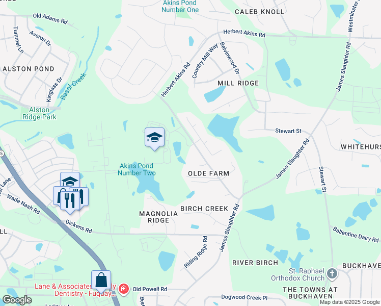 map of restaurants, bars, coffee shops, grocery stores, and more near 2041 Herbert Akins Road in Fuquay Varina