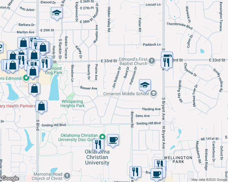 map of restaurants, bars, coffee shops, grocery stores, and more near 3516 Jim Robison Drive in Edmond