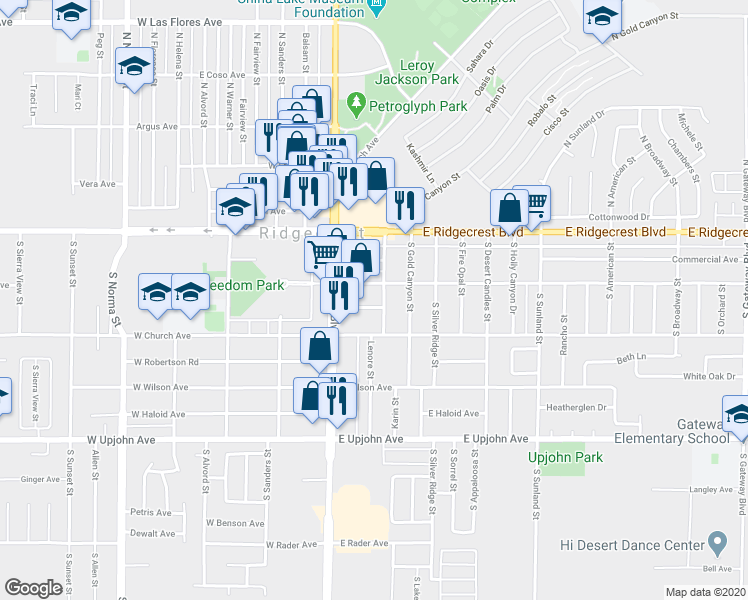 map of restaurants, bars, coffee shops, grocery stores, and more near 132 East Parkview Avenue in Ridgecrest