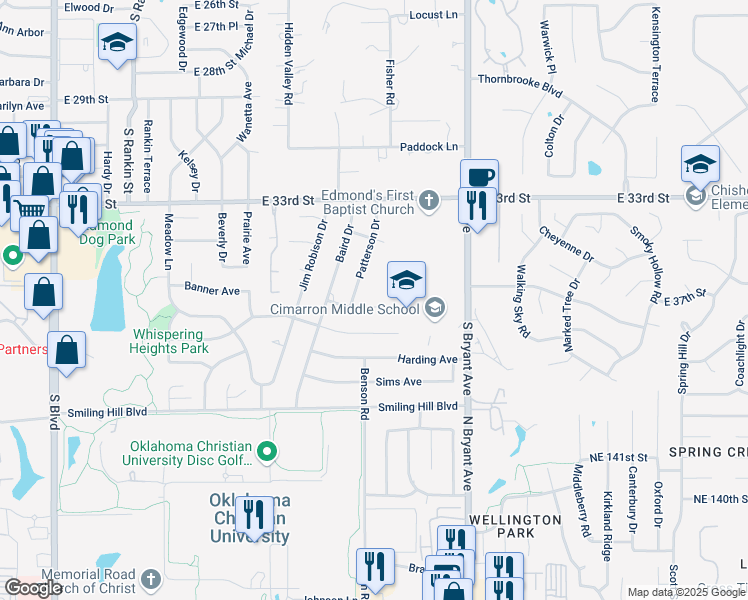 map of restaurants, bars, coffee shops, grocery stores, and more near 1305 Banner Avenue in Edmond