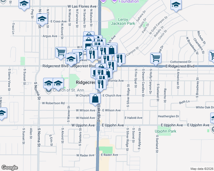 map of restaurants, bars, coffee shops, grocery stores, and more near 111 East California Avenue in Ridgecrest