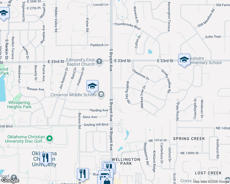 map of restaurants, bars, coffee shops, grocery stores, and more near 1508 Thunderbird Boulevard in Edmond
