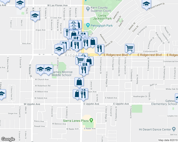 map of restaurants, bars, coffee shops, grocery stores, and more near 120 East Parkview Avenue in Ridgecrest