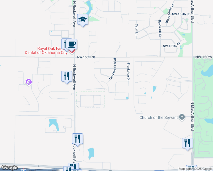 map of restaurants, bars, coffee shops, grocery stores, and more near 15050 North Rockwell Avenue in Oklahoma City