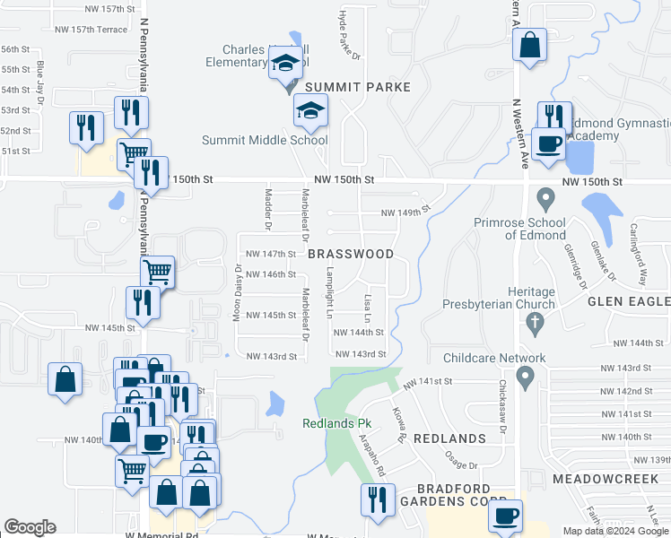 map of restaurants, bars, coffee shops, grocery stores, and more near 14704 Lamplight Lane in Edmond