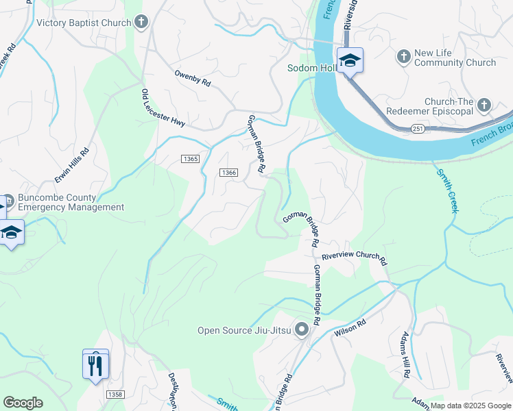 map of restaurants, bars, coffee shops, grocery stores, and more near 18 Timber Moss Drive in Asheville