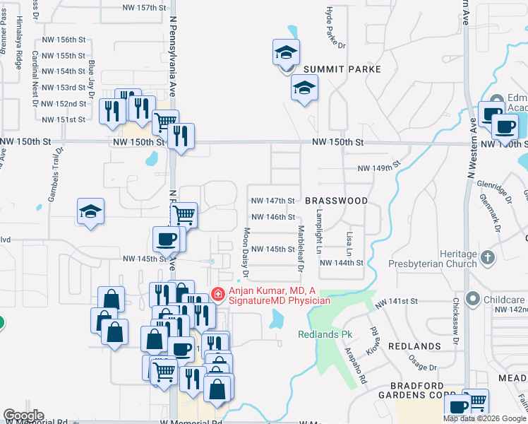 map of restaurants, bars, coffee shops, grocery stores, and more near 1716 Northwest 147th Street in Edmond