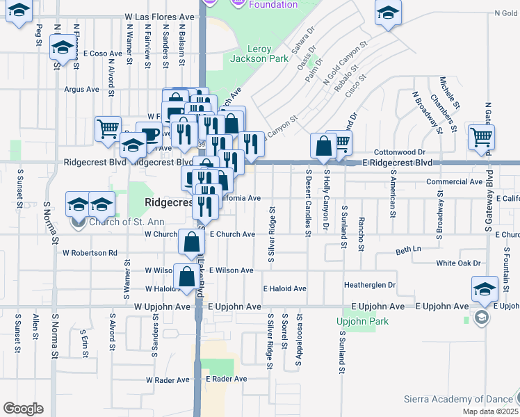 map of restaurants, bars, coffee shops, grocery stores, and more near 208 South Gold Canyon Street in Ridgecrest