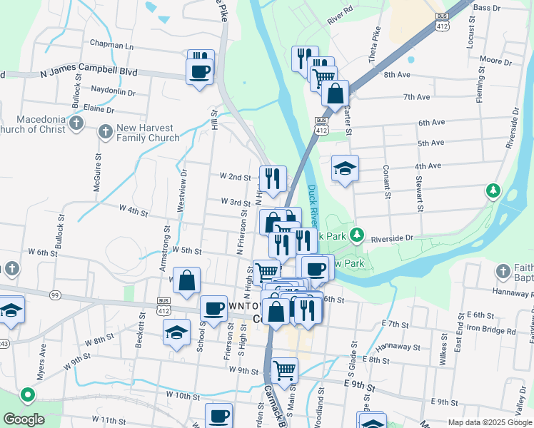 map of restaurants, bars, coffee shops, grocery stores, and more near 209 West 3rd Street in Columbia