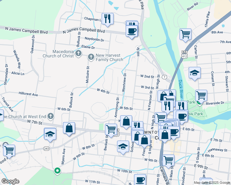 map of restaurants, bars, coffee shops, grocery stores, and more near 409 Armstrong Street in Columbia