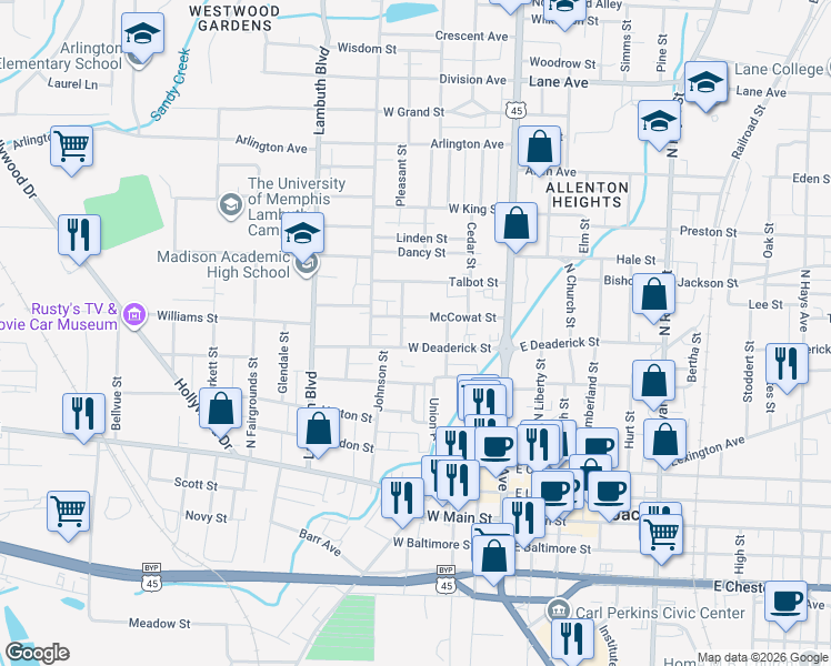 map of restaurants, bars, coffee shops, grocery stores, and more near 259 East Deaderick Street in Jackson