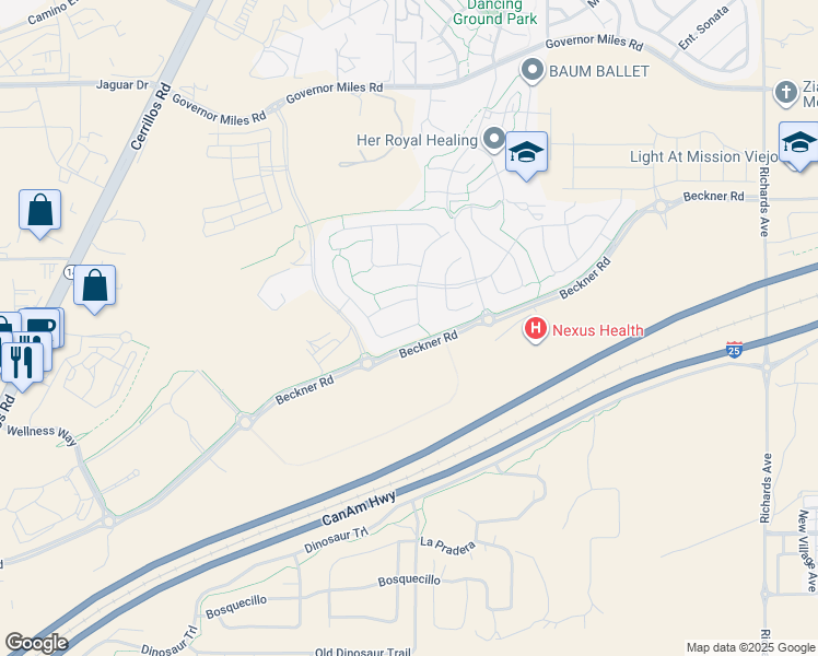 map of restaurants, bars, coffee shops, grocery stores, and more near 4701 Lluvia Encantada in Santa Fe