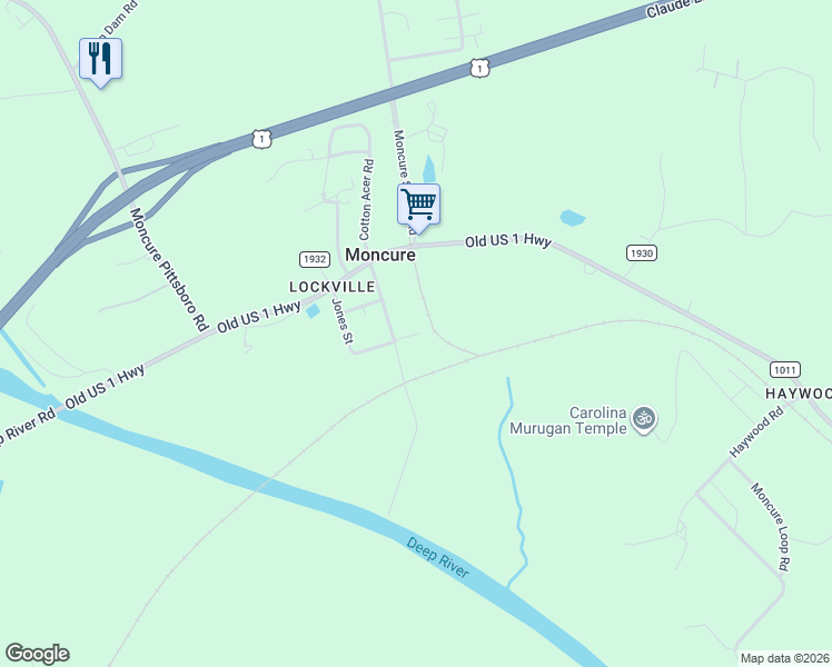 map of restaurants, bars, coffee shops, grocery stores, and more near 53 George Ray Road in Moncure