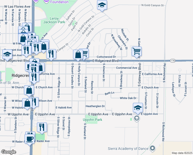 map of restaurants, bars, coffee shops, grocery stores, and more near 209 South Greenlawn Street in Ridgecrest