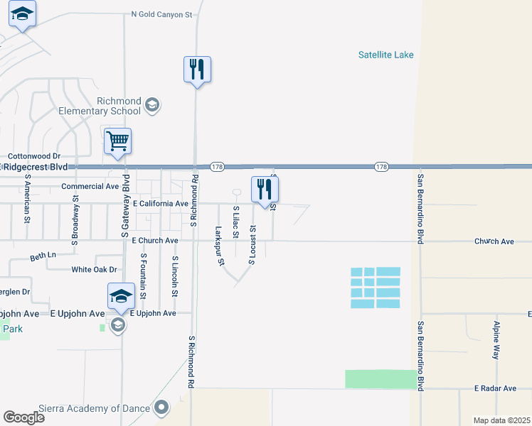 map of restaurants, bars, coffee shops, grocery stores, and more near 207 South Lumill Street in Ridgecrest