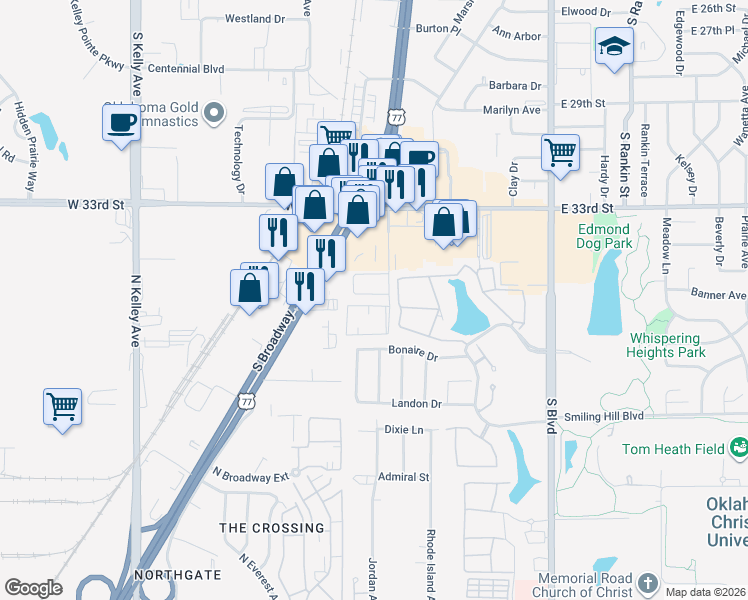 map of restaurants, bars, coffee shops, grocery stores, and more near 3613 Wynn Circle in Edmond