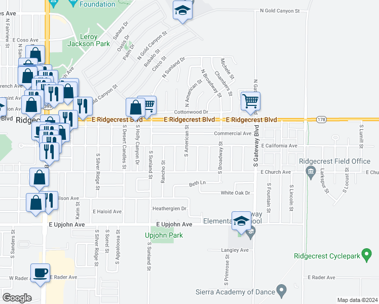 map of restaurants, bars, coffee shops, grocery stores, and more near 208 South American Street in Ridgecrest