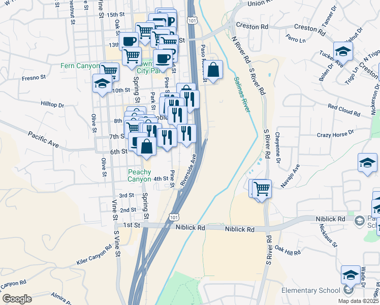 map of restaurants, bars, coffee shops, grocery stores, and more near 525 Riverside Avenue in Paso Robles