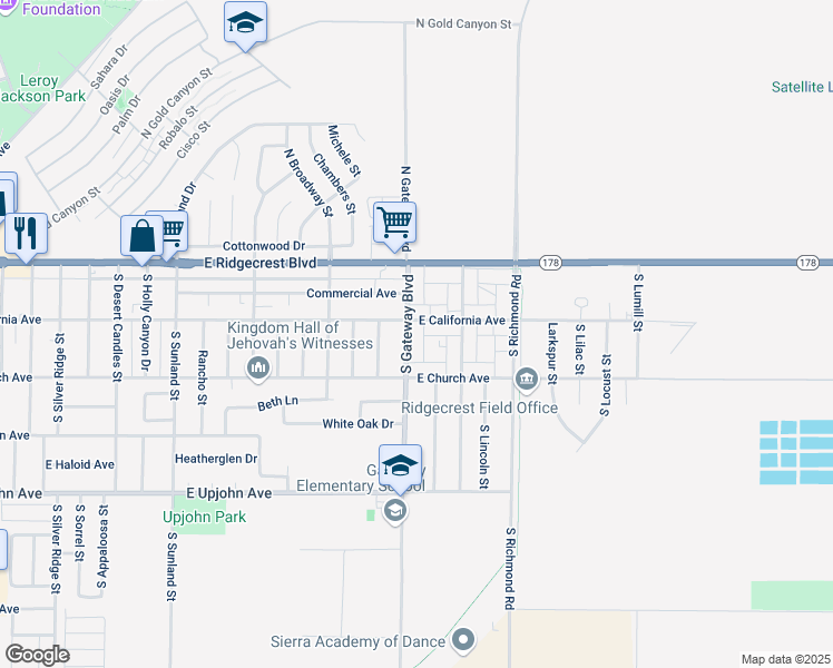 map of restaurants, bars, coffee shops, grocery stores, and more near 204 South Gateway Boulevard in Ridgecrest