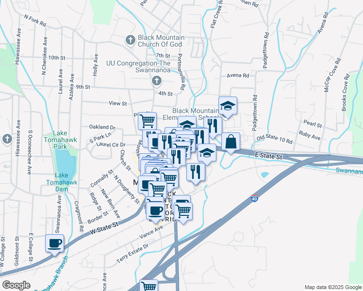 map of restaurants, bars, coffee shops, grocery stores, and more near 301 East State Street in Black Mountain