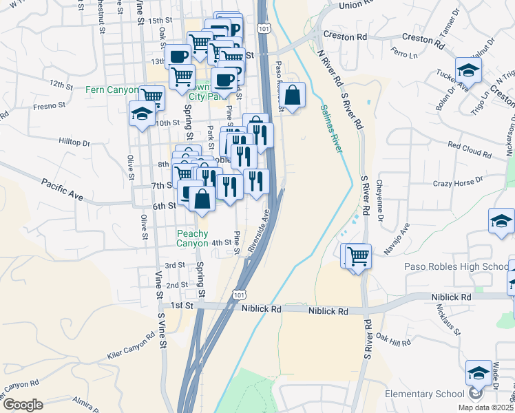 map of restaurants, bars, coffee shops, grocery stores, and more near 525 Riverside Avenue in Paso Robles